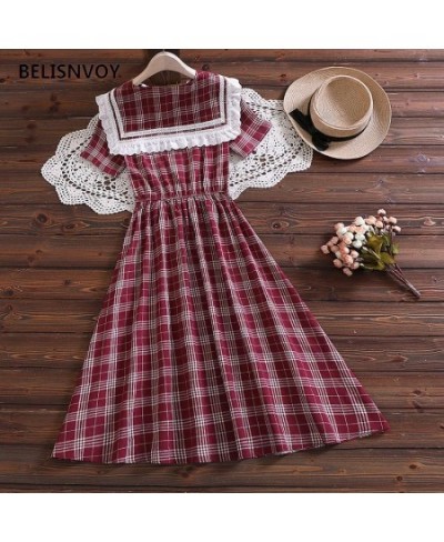 Japanese Mori Girl Retro A-line Plaid Dress New Summer Sailor Collar With Lace Ruffles Preppy Style Dress Elegant Lady Vestid...