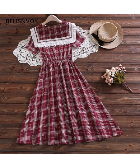 Japanese Mori Girl Retro A-line Plaid Dress New Summer Sailor Collar With Lace Ruffles Preppy Style Dress Elegant Lady Vestid...