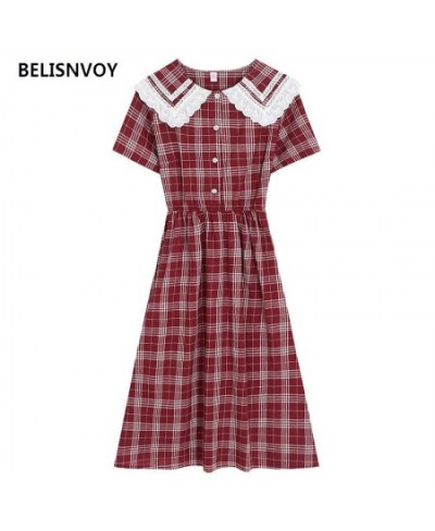 Japanese Mori Girl Retro A-line Plaid Dress New Summer Sailor Collar With Lace Ruffles Preppy Style Dress Elegant Lady Vestid...