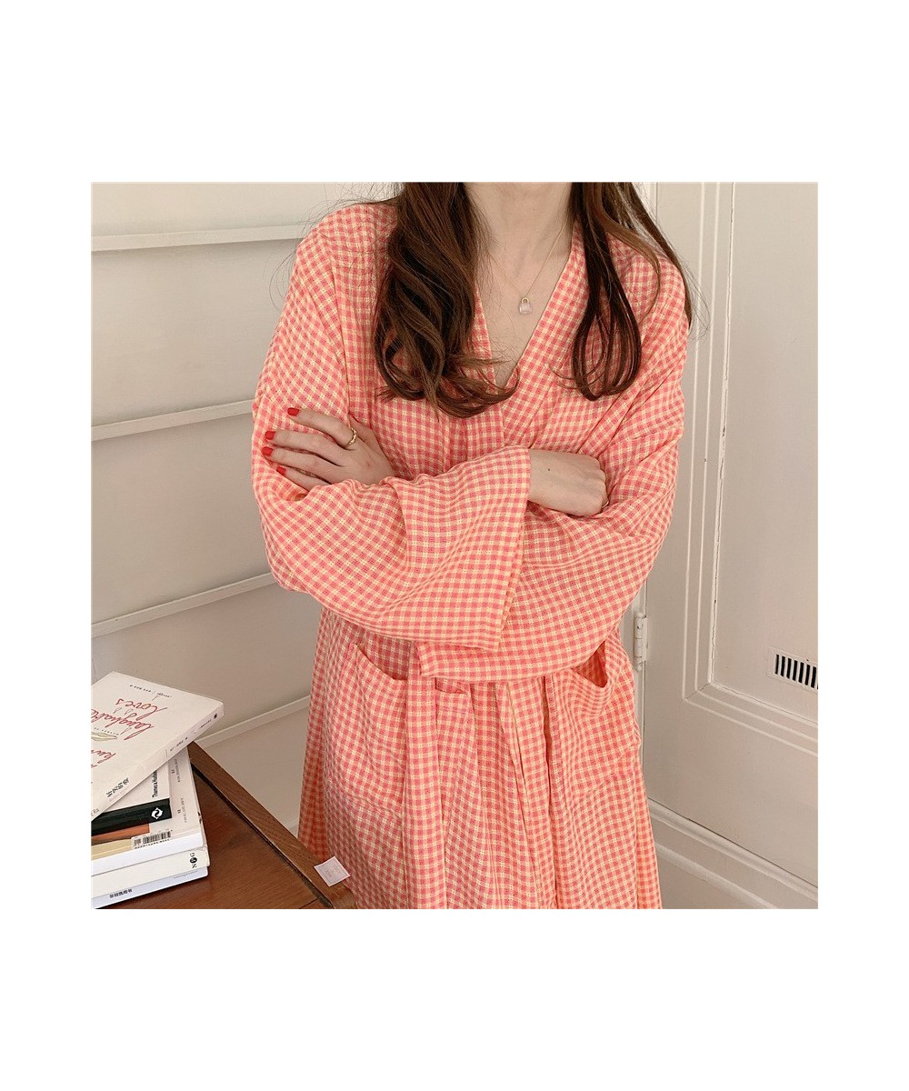 Japanese Style Women Bathrobe Robe Autumn Plaid Crepe Female Kimono Cotton Long Sleeve Sleepwear Nightgown Home Service Pajam...