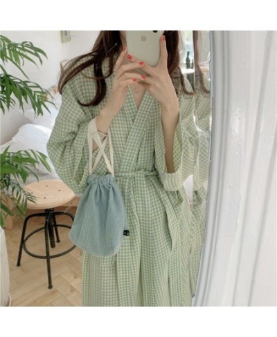 Japanese Style Women Bathrobe Robe Autumn Plaid Crepe Female Kimono Cotton Long Sleeve Sleepwear Nightgown Home Service Pajam...