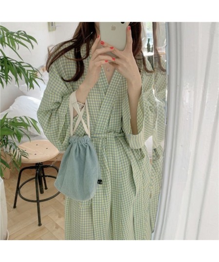 Japanese Style Women Bathrobe Robe Autumn Plaid Crepe Female Kimono Cotton Long Sleeve Sleepwear Nightgown Home Service Pajam...