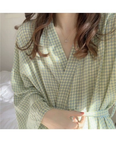 Japanese Style Women Bathrobe Robe Autumn Plaid Crepe Female Kimono Cotton Long Sleeve Sleepwear Nightgown Home Service Pajam...