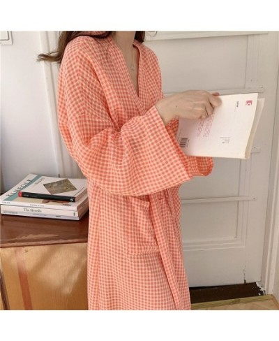 Japanese Style Women Bathrobe Robe Autumn Plaid Crepe Female Kimono Cotton Long Sleeve Sleepwear Nightgown Home Service Pajam...