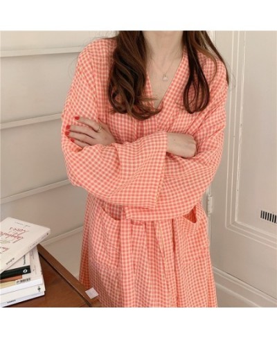 Japanese Style Women Bathrobe Robe Autumn Plaid Crepe Female Kimono Cotton Long Sleeve Sleepwear Nightgown Home Service Pajam...