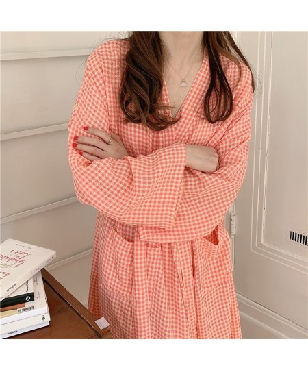 Japanese Style Women Bathrobe Robe Autumn Plaid Crepe Female Kimono Cotton Long Sleeve Sleepwear Nightgown Home Service Pajam...