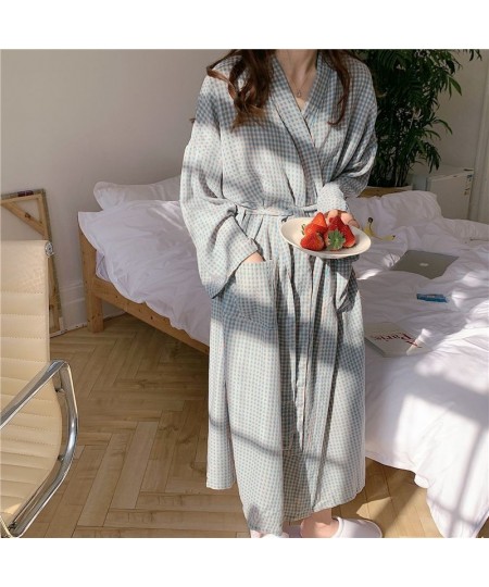 Japanese Style Women Bathrobe Robe Autumn Plaid Crepe Female Kimono Cotton Long Sleeve Sleepwear Nightgown Home Service Pajam...