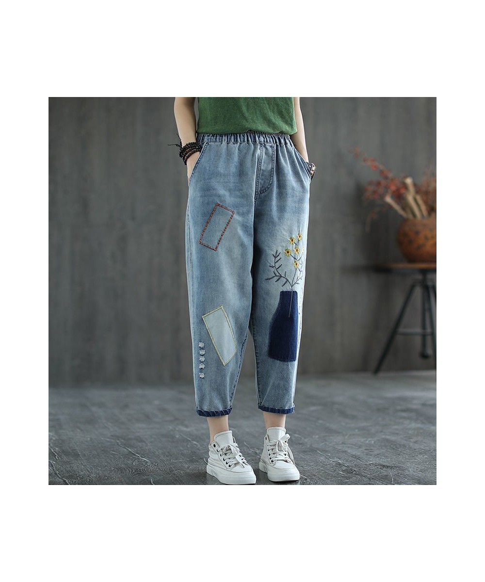 Vintage Floral Embroidered Jeans Women's Elastic High Waist Capris Loose 3XL Harem Denim Pant Losse Ankle Trousers $53.17 - J...