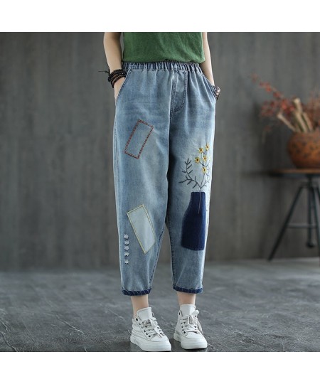 Vintage Floral Embroidered Jeans Women's Elastic High Waist Capris Loose 3XL Harem Denim Pant Losse Ankle Trousers $53.17 - J...