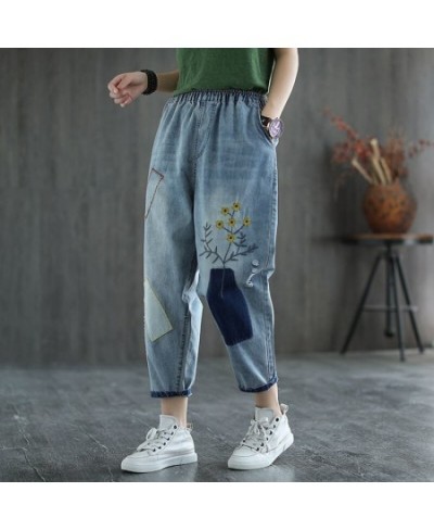 Vintage Floral Embroidered Jeans Women's Elastic High Waist Capris Loose 3XL Harem Denim Pant Losse Ankle Trousers $53.17 - J...