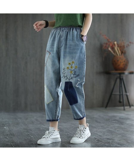 Vintage Floral Embroidered Jeans Women's Elastic High Waist Capris Loose 3XL Harem Denim Pant Losse Ankle Trousers $53.17 - J...