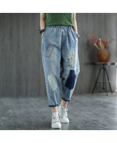 Vintage Floral Embroidered Jeans Women's Elastic High Waist Capris Loose 3XL Harem Denim Pant Losse Ankle Trousers $53.17 - J...