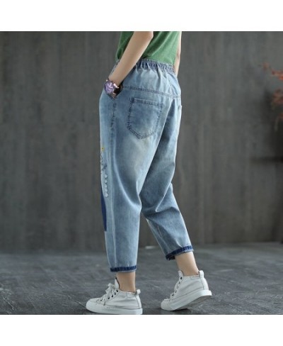 Vintage Floral Embroidered Jeans Women's Elastic High Waist Capris Loose 3XL Harem Denim Pant Losse Ankle Trousers $53.17 - J...