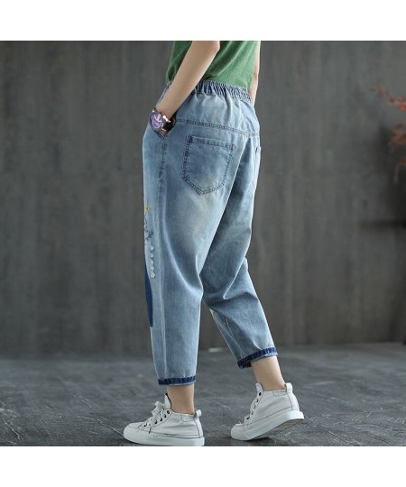 Vintage Floral Embroidered Jeans Women's Elastic High Waist Capris Loose 3XL Harem Denim Pant Losse Ankle Trousers $53.17 - J...