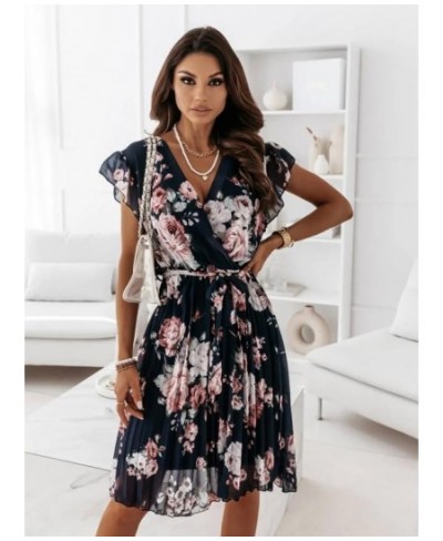 Women Floral Print Pleated Dress 2022 Elegant Short Sleeve Ruffle V-Neck Mini Dress Ladies Boho Loose Casual with Belt Dress ...