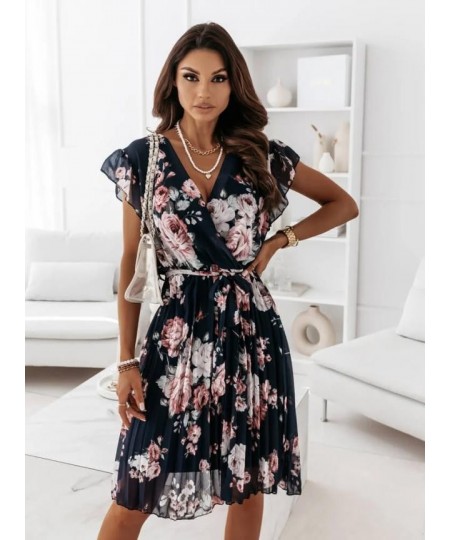 Women Floral Print Pleated Dress 2022 Elegant Short Sleeve Ruffle V-Neck Mini Dress Ladies Boho Loose Casual with Belt Dress ...