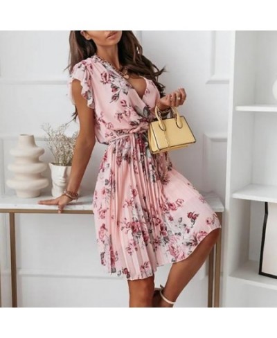 Women Floral Print Pleated Dress 2022 Elegant Short Sleeve Ruffle V-Neck Mini Dress Ladies Boho Loose Casual with Belt Dress ...