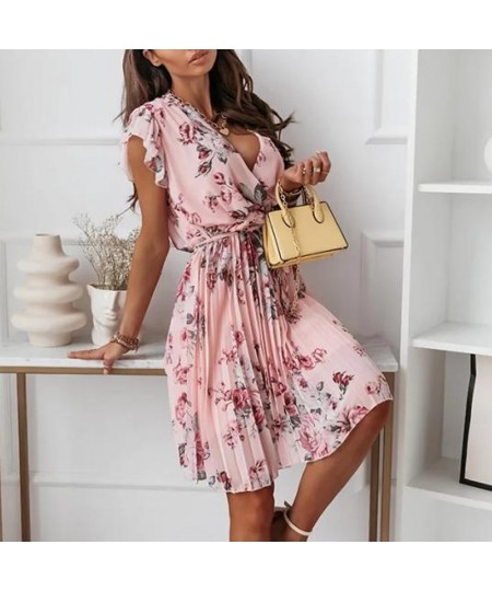 Women Floral Print Pleated Dress 2022 Elegant Short Sleeve Ruffle V-Neck Mini Dress Ladies Boho Loose Casual with Belt Dress ...