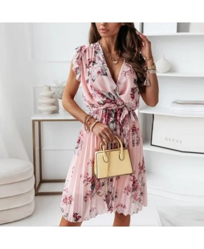 Women Floral Print Pleated Dress 2022 Elegant Short Sleeve Ruffle V-Neck Mini Dress Ladies Boho Loose Casual with Belt Dress ...