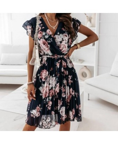 Women Floral Print Pleated Dress 2022 Elegant Short Sleeve Ruffle V-Neck Mini Dress Ladies Boho Loose Casual with Belt Dress ...