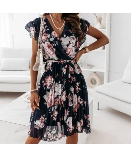 Women Floral Print Pleated Dress 2022 Elegant Short Sleeve Ruffle V-Neck Mini Dress Ladies Boho Loose Casual with Belt Dress ...