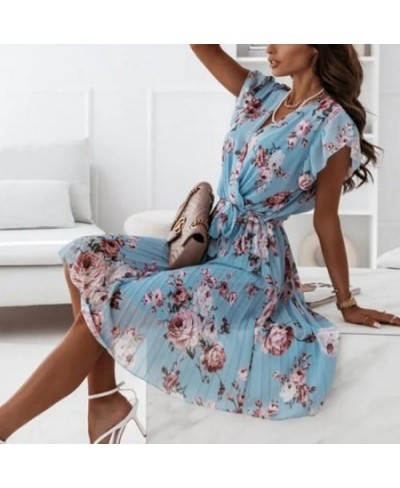 Women Floral Print Pleated Dress 2022 Elegant Short Sleeve Ruffle V-Neck Mini Dress Ladies Boho Loose Casual with Belt Dress ...