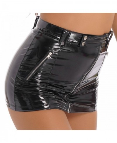 Womens Wetlook Skirts Nightclub Party Gothic Style High Waist Slanted Zipper Skirts Sexy Clubwear Latex Patent Leather $32.76...