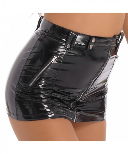 Womens Wetlook Skirts Nightclub Party Gothic Style High Waist Slanted Zipper Skirts Sexy Clubwear Latex Patent Leather $32.76...