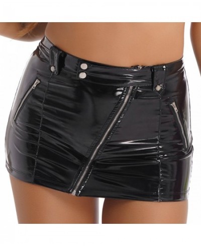 Womens Wetlook Skirts Nightclub Party Gothic Style High Waist Slanted Zipper Skirts Sexy Clubwear Latex Patent Leather $32.76...