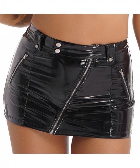 Womens Wetlook Skirts Nightclub Party Gothic Style High Waist Slanted Zipper Skirts Sexy Clubwear Latex Patent Leather $32.76...