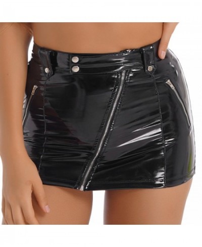 Womens Wetlook Skirts Nightclub Party Gothic Style High Waist Slanted Zipper Skirts Sexy Clubwear Latex Patent Leather $32.76...