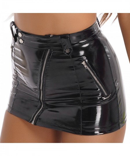 Womens Wetlook Skirts Nightclub Party Gothic Style High Waist Slanted Zipper Skirts Sexy Clubwear Latex Patent Leather $32.76...