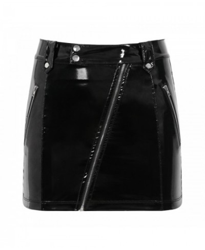 Womens Wetlook Skirts Nightclub Party Gothic Style High Waist Slanted Zipper Skirts Sexy Clubwear Latex Patent Leather $32.76...