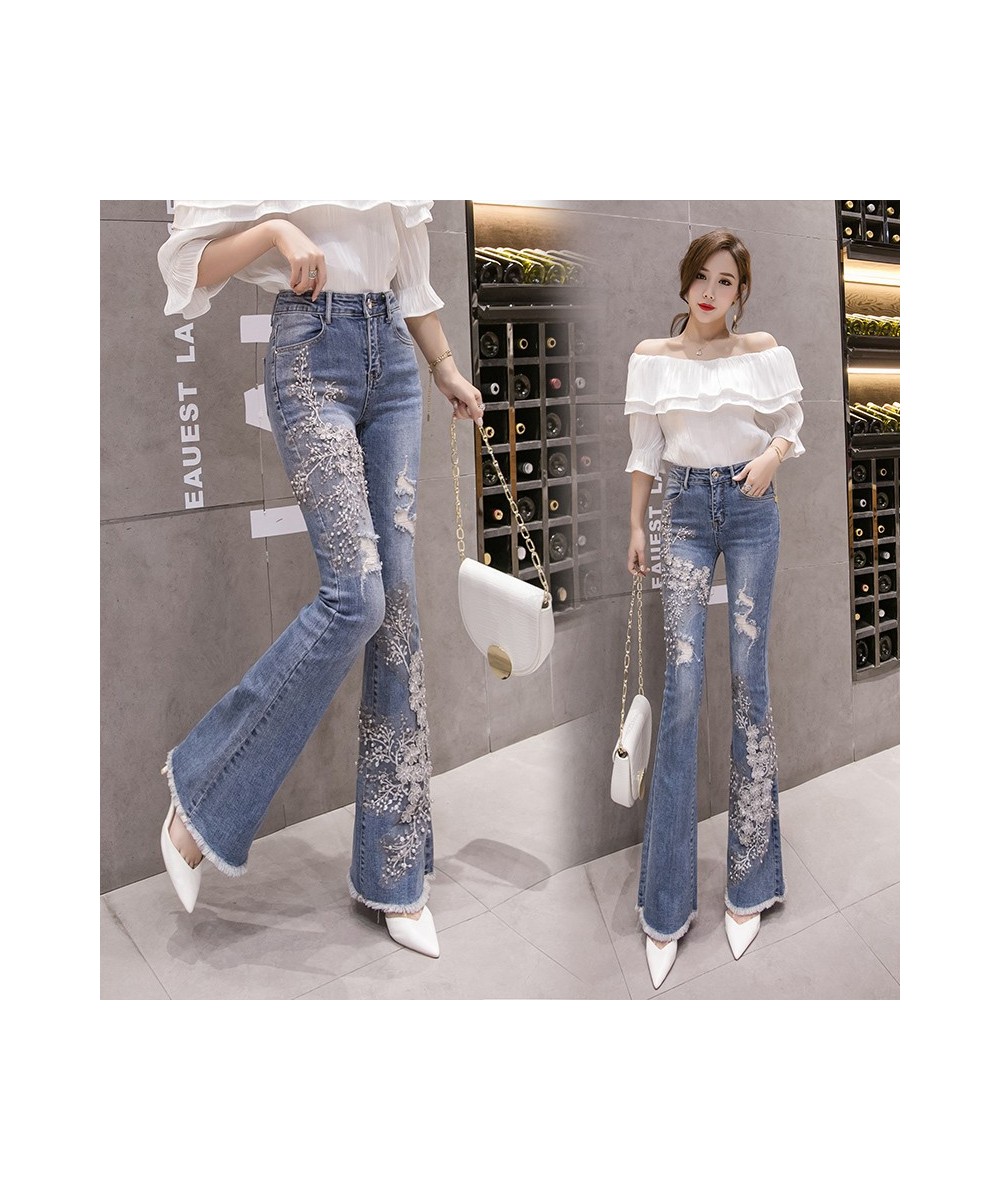 Stretchy Women Flare Jeans Pant 3D Flower Embroidery Tassels Pearls Skinny Jeans Woman High Waist Mom Jeans Trousers $53.39 -...