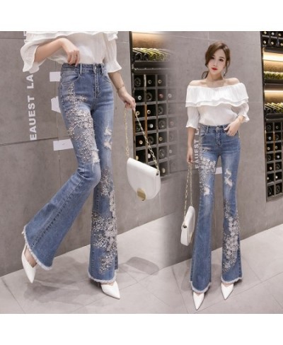 Stretchy Women Flare Jeans Pant 3D Flower Embroidery Tassels Pearls Skinny Jeans Woman High Waist Mom Jeans Trousers $53.39 -...