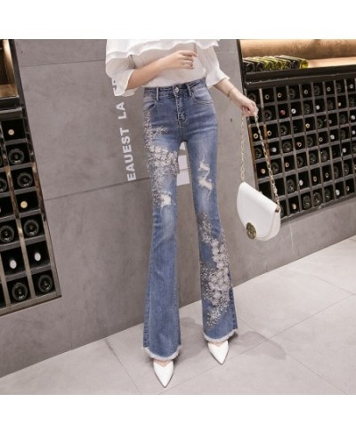 Stretchy Women Flare Jeans Pant 3D Flower Embroidery Tassels Pearls Skinny Jeans Woman High Waist Mom Jeans Trousers $53.39 -...