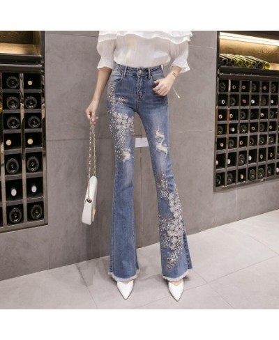 Stretchy Women Flare Jeans Pant 3D Flower Embroidery Tassels Pearls Skinny Jeans Woman High Waist Mom Jeans Trousers $53.39 -...