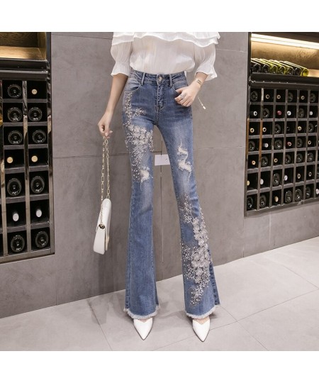 Stretchy Women Flare Jeans Pant 3D Flower Embroidery Tassels Pearls Skinny Jeans Woman High Waist Mom Jeans Trousers $53.39 -...