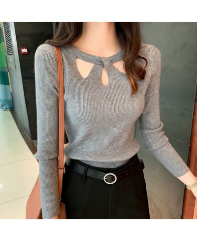 Women's O-neck Slim Stretch Sexy Pullover Hollow Solid Color Sweater Slim Bottoming Shirt Sweater Ladies Autumn Winter 16639 ...