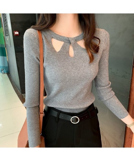 Women's O-neck Slim Stretch Sexy Pullover Hollow Solid Color Sweater Slim Bottoming Shirt Sweater Ladies Autumn Winter 16639 ...