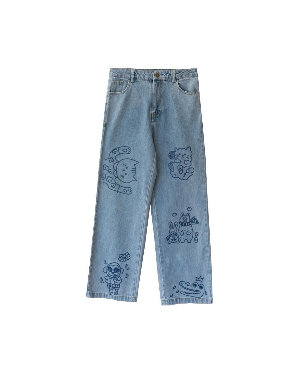 Harajuku Fashion Cotton Women Denim Jeans High Waist Curled Denim Straight Pants Sweet Cute Puppy Embroidery Girl Denim $57.4...