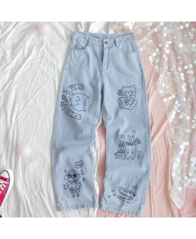 Harajuku Fashion Cotton Women Denim Jeans High Waist Curled Denim Straight Pants Sweet Cute Puppy Embroidery Girl Denim $57.4...