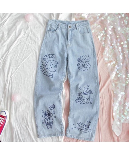 Harajuku Fashion Cotton Women Denim Jeans High Waist Curled Denim Straight Pants Sweet Cute Puppy Embroidery Girl Denim $57.4...