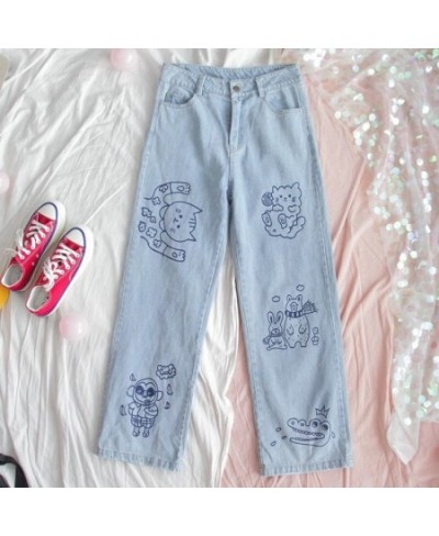 Harajuku Fashion Cotton Women Denim Jeans High Waist Curled Denim Straight Pants Sweet Cute Puppy Embroidery Girl Denim $57.4...