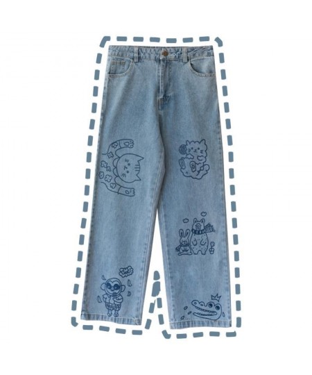 Harajuku Fashion Cotton Women Denim Jeans High Waist Curled Denim Straight Pants Sweet Cute Puppy Embroidery Girl Denim $57.4...