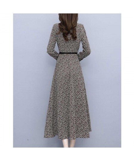 Broken Flowers Print Long Sleeve Spring Clothes Elegant Turn-down Collar Button Sashes Slim Mid-Calf Large Hem Dress for Wome...