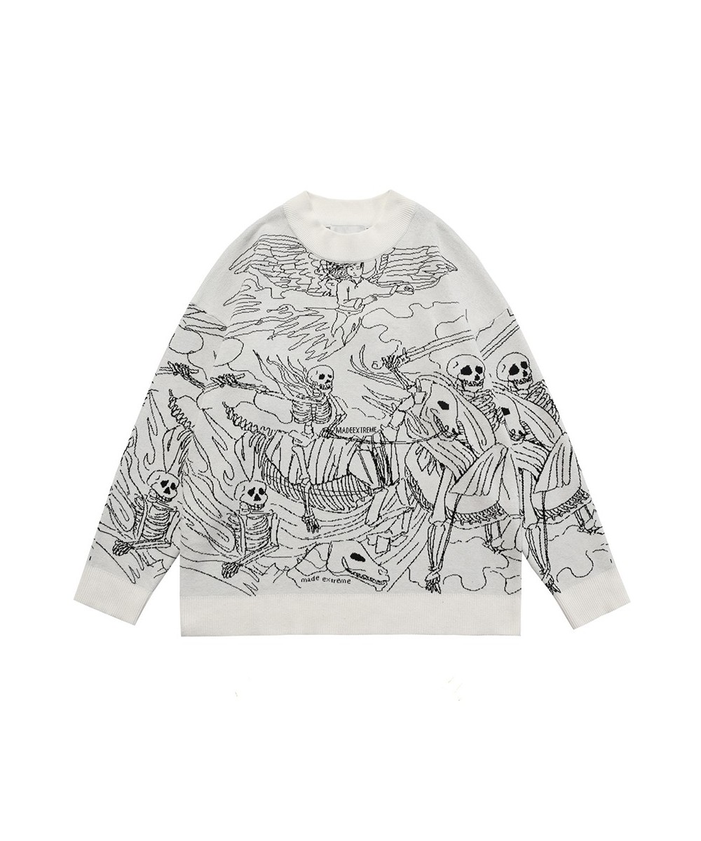 Vintage Knitted Sweater Harajuku Ukiyo-e Style Skull Graffiti Pullover 2023 Autumn Streetwear Sweater Men Women Cotton Knitwe...