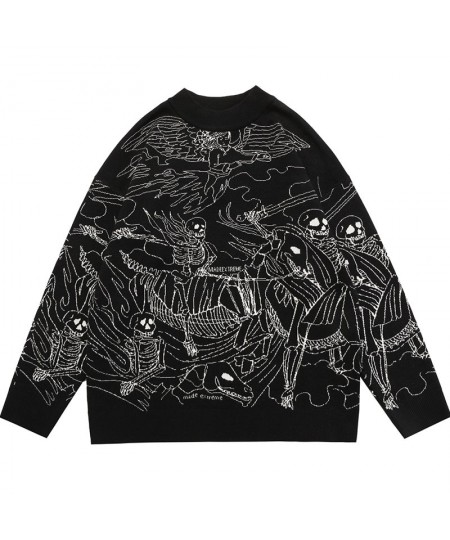 Vintage Knitted Sweater Harajuku Ukiyo-e Style Skull Graffiti Pullover 2023 Autumn Streetwear Sweater Men Women Cotton Knitwe...