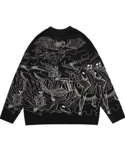 Vintage Knitted Sweater Harajuku Ukiyo-e Style Skull Graffiti Pullover 2023 Autumn Streetwear Sweater Men Women Cotton Knitwe...