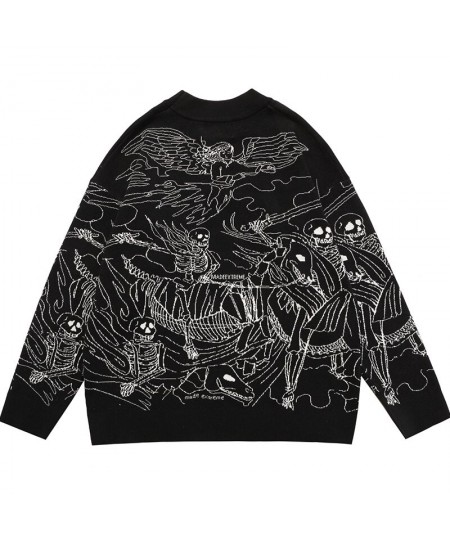 Vintage Knitted Sweater Harajuku Ukiyo-e Style Skull Graffiti Pullover 2023 Autumn Streetwear Sweater Men Women Cotton Knitwe...